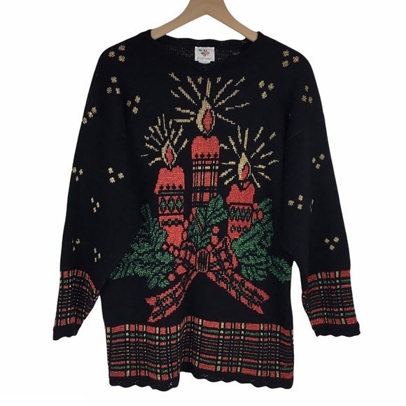 Vintage Sweaters - VINTAGE Christmas Sweater Candles Metallic Plaid Ugly Party Nutcracker Medium